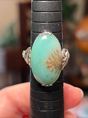RARE Antique Art Deco Green Dendritic Chrysoprase Cabochon Sterling Silver Ring